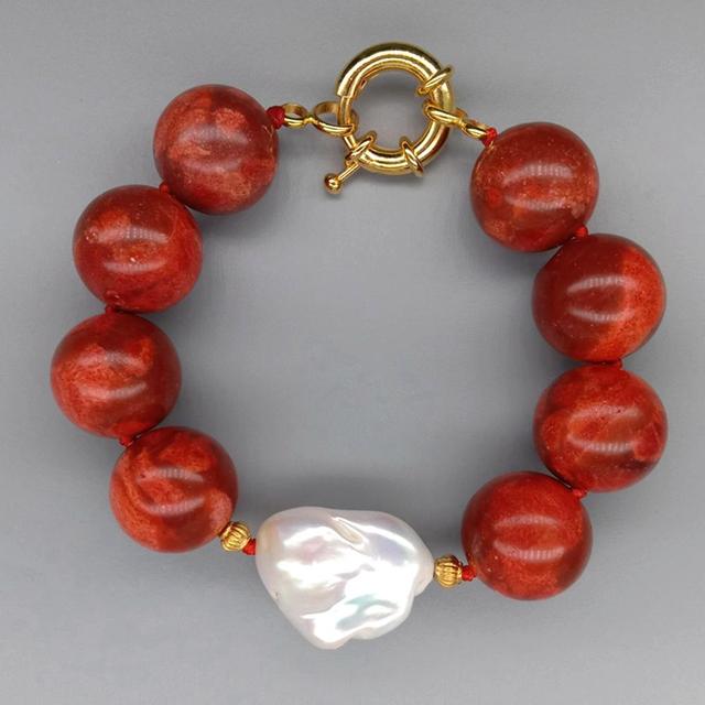 Pleciona bransoletka z gąbkami koralowymi Y · YING 18mm, czerwone, okrągłe, białe perełki Kehsi, handmade, 8 cali, dla kobiet - Wianko - 4