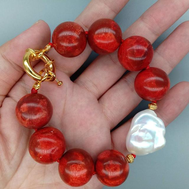 Pleciona bransoletka z gąbkami koralowymi Y · YING 18mm, czerwone, okrągłe, białe perełki Kehsi, handmade, 8 cali, dla kobiet - Wianko - 2