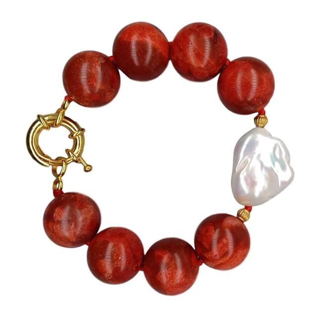 Pleciona bransoletka z gąbkami koralowymi Y · YING 18mm, czerwone, okrągłe, białe perełki Kehsi, handmade, 8 cali, dla kobiet - Wianko - 5