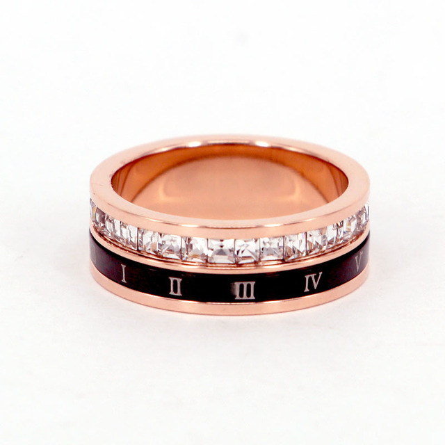 Czarny pierścionek ślubny obracający się z 7mm cyframi rzymskimi i kryształowym kołem - idealny prezent dla nowożeńców - Wianko - 13
