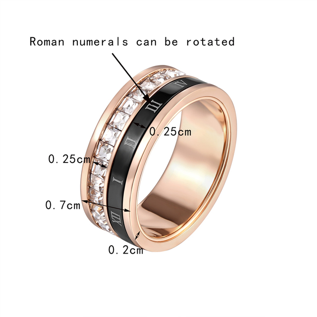 Czarny pierścionek ślubny obracający się z 7mm cyframi rzymskimi i kryształowym kołem - idealny prezent dla nowożeńców - Wianko - 14