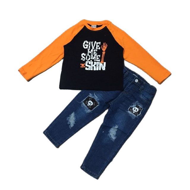 Zestaw ubrań Girlymax dla chłopców: Plaid T-shirt z długim rękawem z motywem dyni BOO i spodnie dżinsowe dla dzieci - Wianko - 2