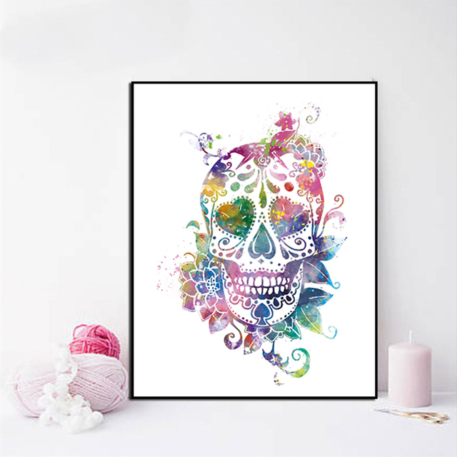 Obraz na płótnie Wysokiej rozdzielczości cukrowa czaszka w stylu Goth Macabre z akwarelowymi kwiatami - prezent dzień zmarłych, tatuażowy plakat - Wianko - 4