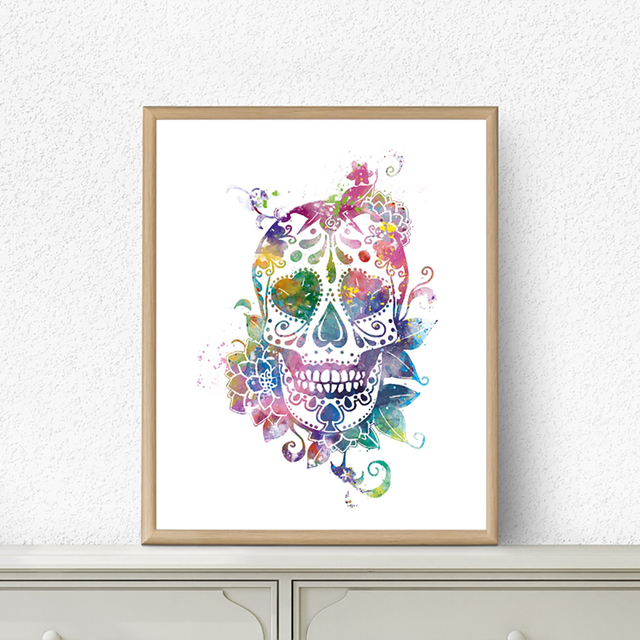Obraz na płótnie Wysokiej rozdzielczości cukrowa czaszka w stylu Goth Macabre z akwarelowymi kwiatami - prezent dzień zmarłych, tatuażowy plakat - Wianko - 2
