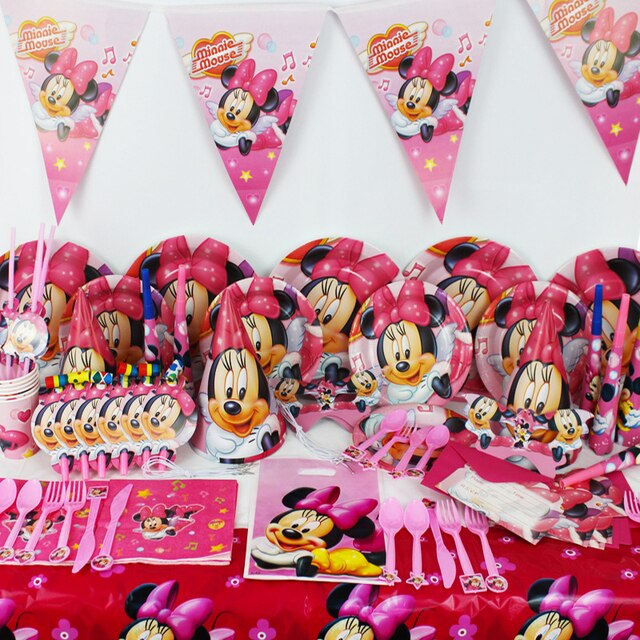 Dekoracje urodzinowe Minnie Mouse Party Girl - jednorazowe zastawy stołowe, talerze papierowe, kubek, flaga, przybory dla niemowląt - Wianko - 1