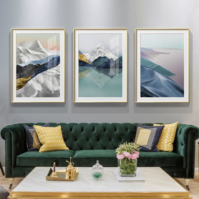 Nowoczesne malarstwo abstrakcyjne z motywem gór i jeziora, w stylu północnoeuropejskim i amerykańskim, na luksusowym marmurowym tle - Wianko - 2