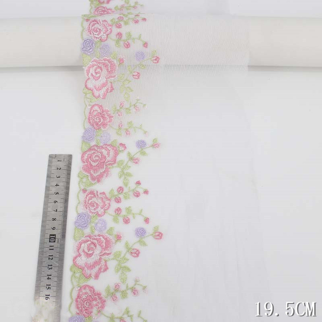 2Yds 19.5cm szerokość, różowe przezroczyste kwiatowe hafty koronkowe najwyższej jakości do odzieży i dekoracji ślubnych - Wianko - 4