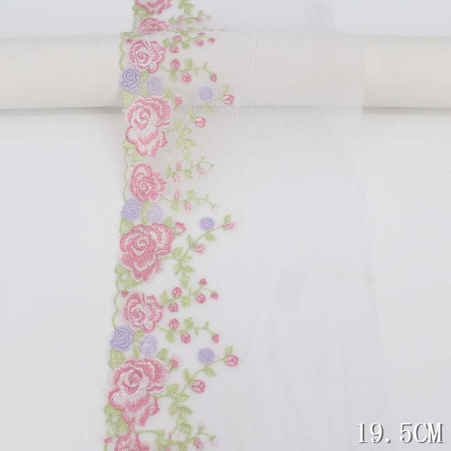 2Yds 19.5cm szerokość, różowe przezroczyste kwiatowe hafty koronkowe najwyższej jakości do odzieży i dekoracji ślubnych - Wianko - 3