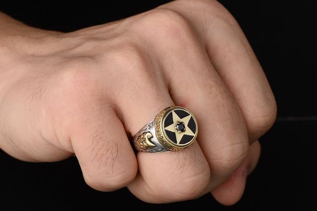 Pierścień z prawdziwego srebra S925 z czarnym agatem Retro, pięcioramienny w stylu Vintage, wykwintna biżuteria pamiątkowa na imprezy - Wianko - 1