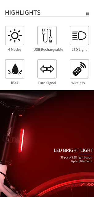 Rowerowe tylne światło ostrzegawcze USB z akumulatorem, inteligentne, bezprzewodowe, z pilotem, z kierunkowskazem LED - Wianko - 2