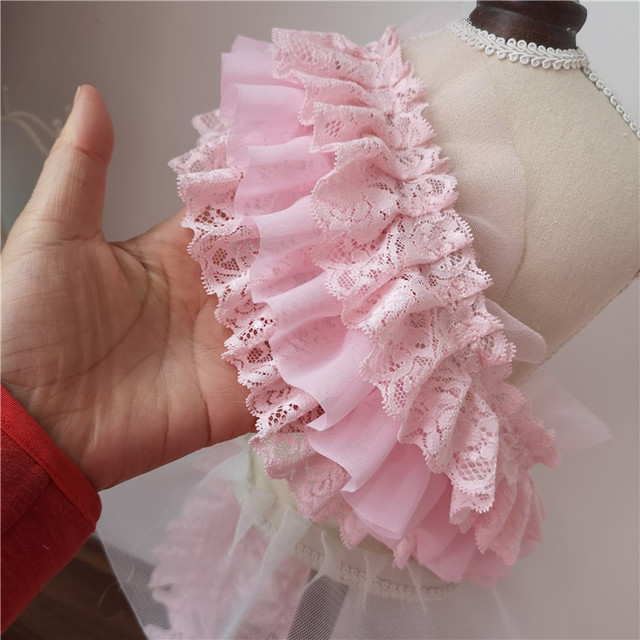 Różowy koronkowy pas do sukienki lolita z warstwami wykonany z szyfonu o szerokości 10 cm z ozdobnymi mankietami na ramiona - Wianko - 3