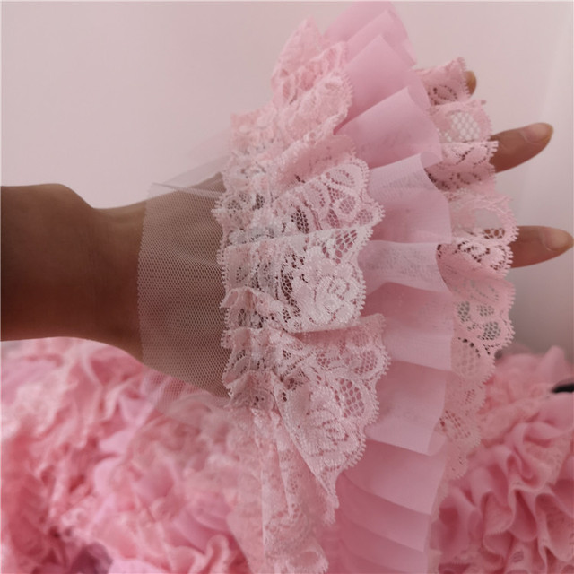 Różowy koronkowy pas do sukienki lolita z warstwami wykonany z szyfonu o szerokości 10 cm z ozdobnymi mankietami na ramiona - Wianko - 7
