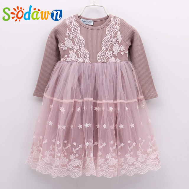 Sodawn sukienka dla dziewczynki z długim rękawem w koronkę, idealna na wiosnę i jesień - Wianko - 2