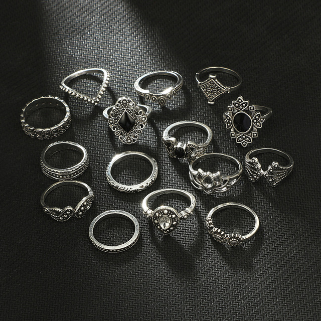 Zestaw 15 pierścieni Midi Vintage: boho, złota gwiazda, księżyc, Opal kryształ - biżuteria dla kobiet - Wianko - 3