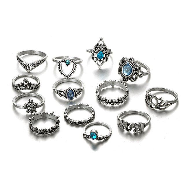 Zestaw 15 pierścieni Midi Vintage: boho, złota gwiazda, księżyc, Opal kryształ - biżuteria dla kobiet - Wianko - 6