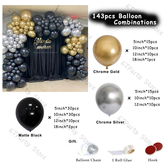 Zestaw balonów dekoracyjnych: 143 matowe czarne łuki, chromowy srebrny i złoty garland, idealne na ślub, Baby Shower, urodziny - Wianko - 3