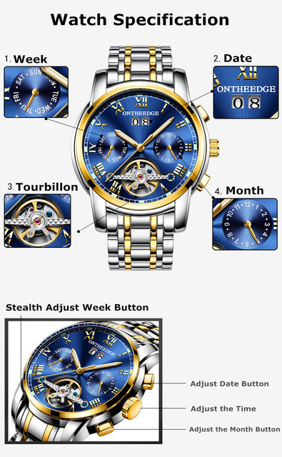 Męskie mechaniczne zegarki marki Top - Tourbillon, dwukolorowe, ze stali nierdzewnej, wielofunkcyjne - Wianko - 2