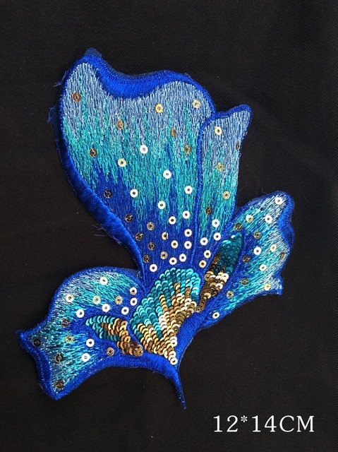 Duże niebieskie kwiaty z cekinami - zestaw 3 części łatek do haftu na ubrania, aplikacja DIY, dekoracyjne akcesoria - Wianko - 12