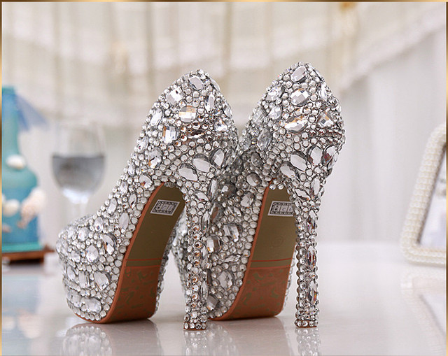 Kryształowe buty damskie na platformie, idealne na ślub, druhna, wysokie czółenka - Wianko - 14
