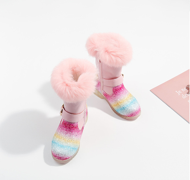 Nowe zimowe śniegowce dziecięce dla dziewczynek, aksamitne, międzyłydki, różowo-białe - Wianko - 3