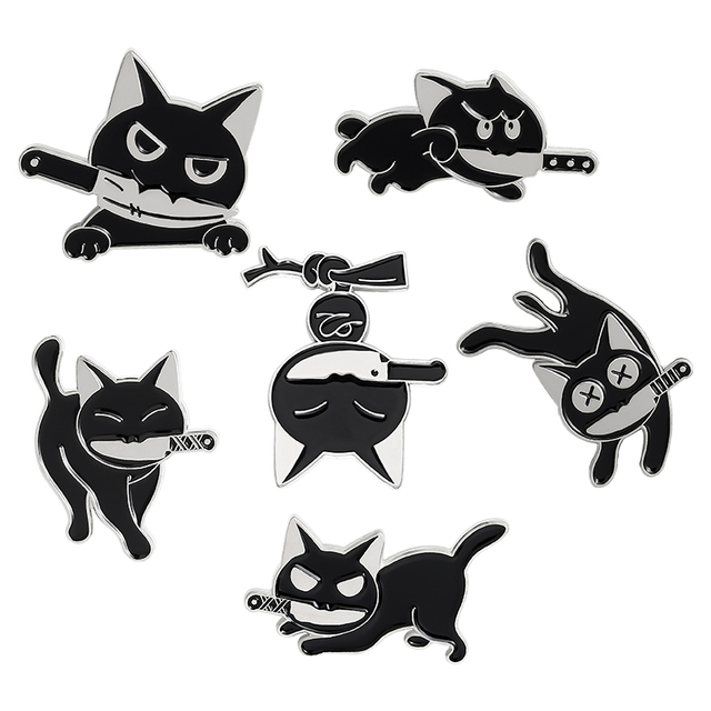 Broszka wściekły czarny kot - motyw zwierzęcy, noże, szkliwa, igły, specjalna konstrukcja - Wianko - 5