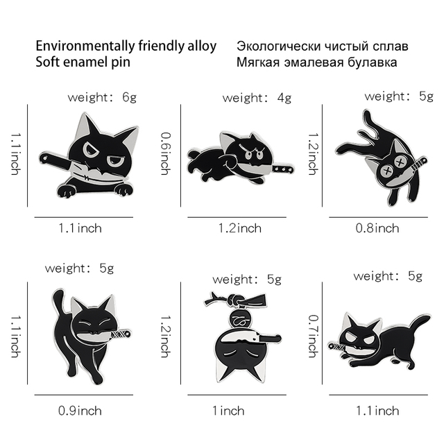 Broszka wściekły czarny kot - motyw zwierzęcy, noże, szkliwa, igły, specjalna konstrukcja - Wianko - 1