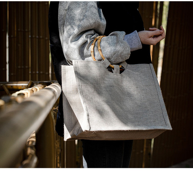 Torba na zakupy przenośna z juty z bawełniano-leniwym wkładem i uchwytami z bambusa - duża torba plażowa dla kobiet i dziewczynek - Wianko - 1