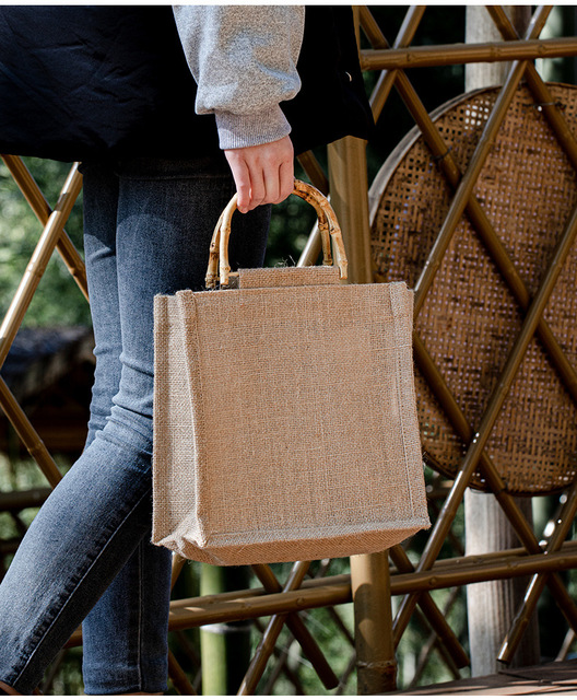 Torba na zakupy przenośna z juty z bawełniano-leniwym wkładem i uchwytami z bambusa - duża torba plażowa dla kobiet i dziewczynek - Wianko - 3