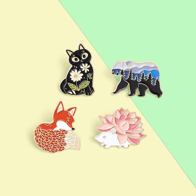 Broszka Forest Garden emalia zwierzęca Pin z motywem lisów, kotów, niedźwiedzi i jeży - prezent dla dzieci - Wianko - 18