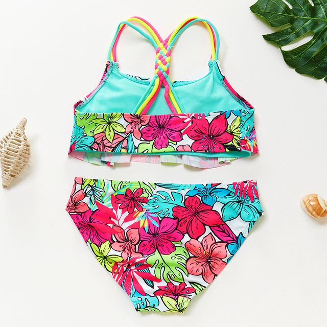 Dwuczęściowy strój kąpielowy dla dziewcząt w wieku 4-18 lat - tropikalne kwiatowe bikini o wysokiej jakości - Wianko - 4