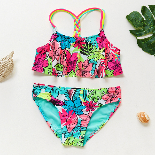 Dwuczęściowy strój kąpielowy dla dziewcząt w wieku 4-18 lat - tropikalne kwiatowe bikini o wysokiej jakości - Wianko - 3