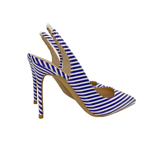 Niebieskie paski drukuj kobiety Pointy Toe pantofle buty na wysokim obcasie letnie damskie eleganckie czółenka rozmiar 33-45 - Wianko - 5