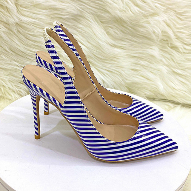 Niebieskie paski drukuj kobiety Pointy Toe pantofle buty na wysokim obcasie letnie damskie eleganckie czółenka rozmiar 33-45 - Wianko - 3