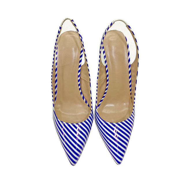 Niebieskie paski drukuj kobiety Pointy Toe pantofle buty na wysokim obcasie letnie damskie eleganckie czółenka rozmiar 33-45 - Wianko - 6
