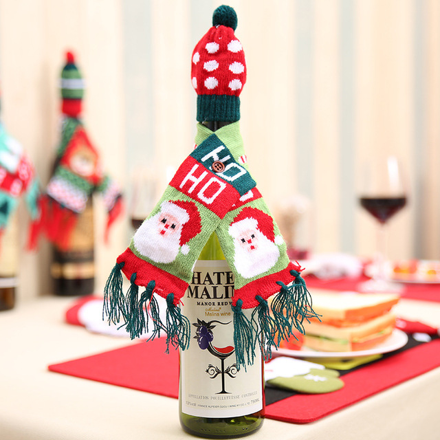 Dekoracja Bożonarodzeniowa - Zestaw szalik i kapelusz dzianiny czerwone wino, szalik z niedźwiedziem i pomponami dla butelki - Wianko - 6