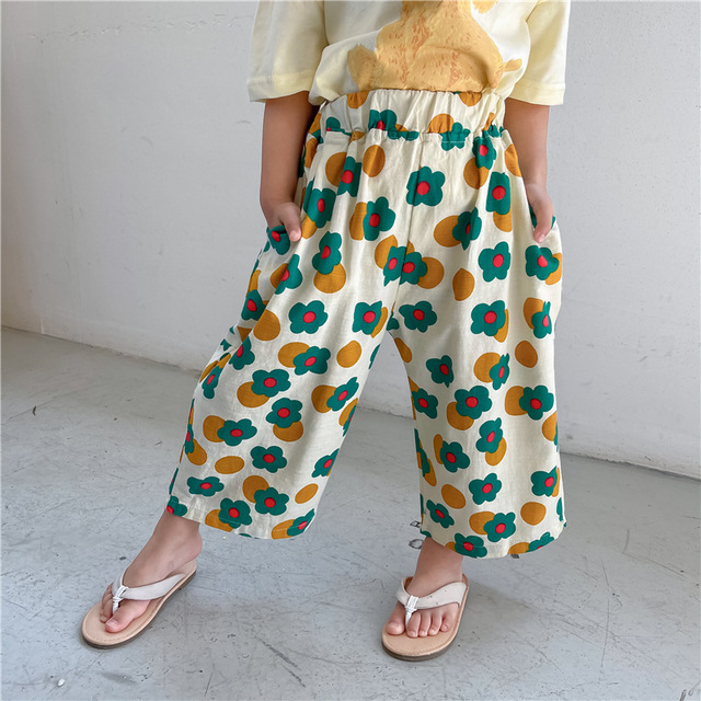 Bawełniane spodnie dziewczęce z szerokimi nogawkami w pasie z kwiatowym wzorem dla dzieci 1-6 lat - Wianko - 9