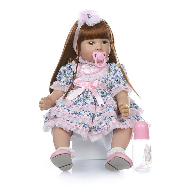 Sukienka w kwiaty reborn dla lalki chłopca 24 cale 60 cm z długimi prostymi włosami i różową spódnicą z kapturem - Wianko - 1