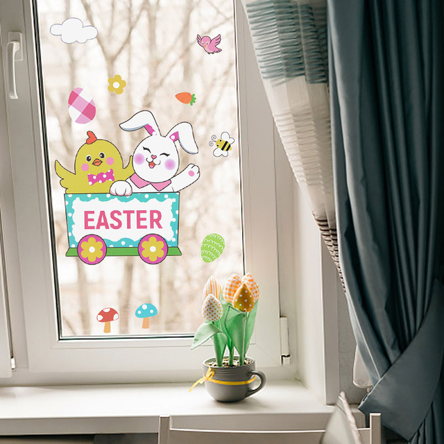 Naklejka na szklane okno: Królik laska w jajach wielkanocnych, dekoracja ścian dla domu, salonu, dzieci i sypialni - Wianko - 6
