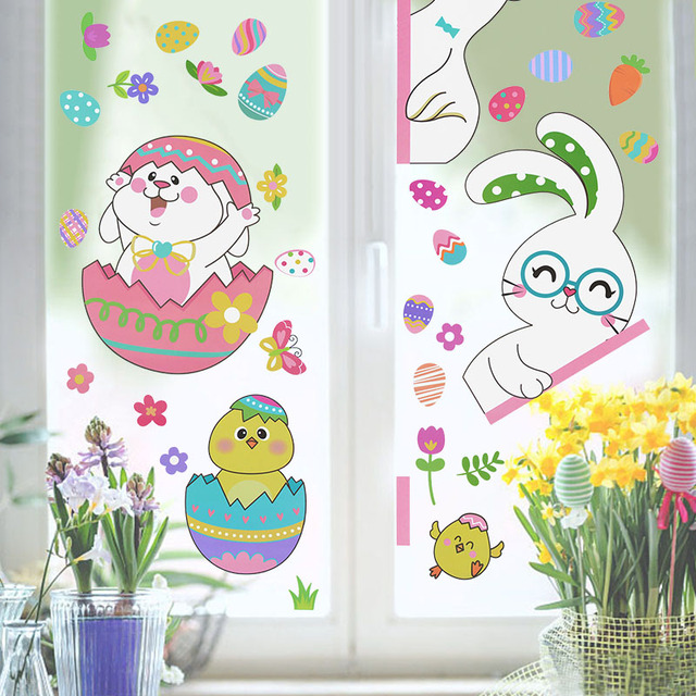 Naklejka na szklane okno: Królik laska w jajach wielkanocnych, dekoracja ścian dla domu, salonu, dzieci i sypialni - Wianko - 9