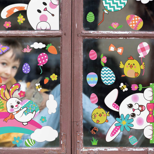 Naklejka na szklane okno: Królik laska w jajach wielkanocnych, dekoracja ścian dla domu, salonu, dzieci i sypialni - Wianko - 11