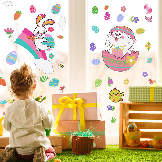 Naklejka na szklane okno: Królik laska w jajach wielkanocnych, dekoracja ścian dla domu, salonu, dzieci i sypialni - Wianko - 12