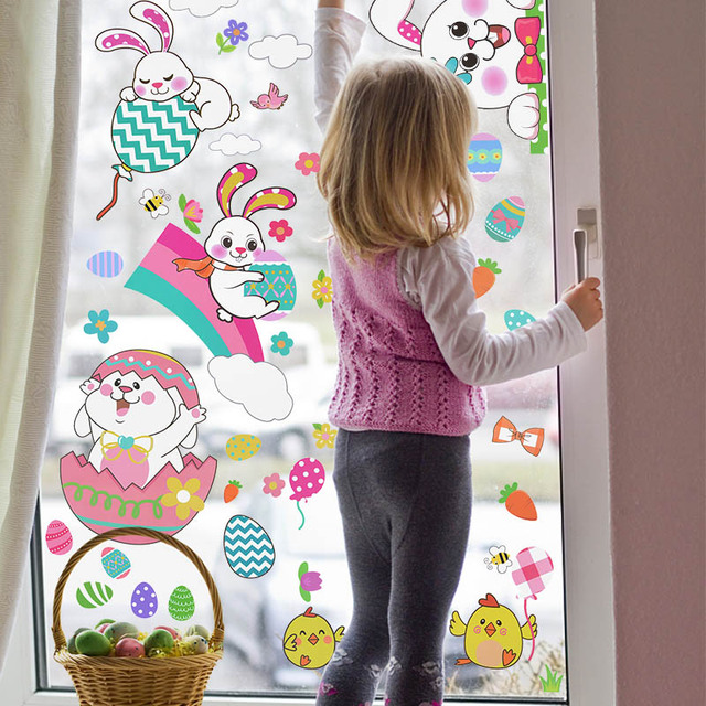 Naklejka na szklane okno: Królik laska w jajach wielkanocnych, dekoracja ścian dla domu, salonu, dzieci i sypialni - Wianko - 17