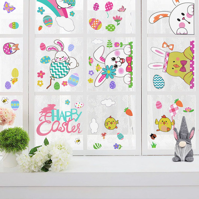 Naklejka na szklane okno: Królik laska w jajach wielkanocnych, dekoracja ścian dla domu, salonu, dzieci i sypialni - Wianko - 5