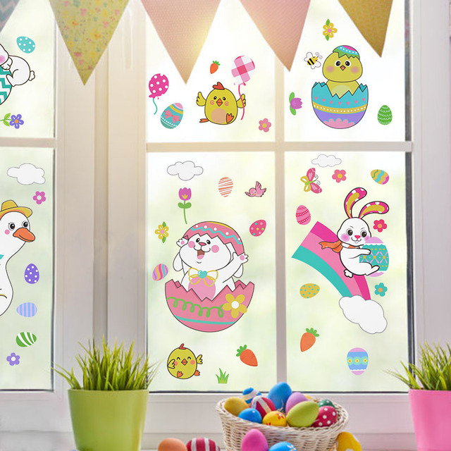 Naklejka na szklane okno: Królik laska w jajach wielkanocnych, dekoracja ścian dla domu, salonu, dzieci i sypialni - Wianko - 13