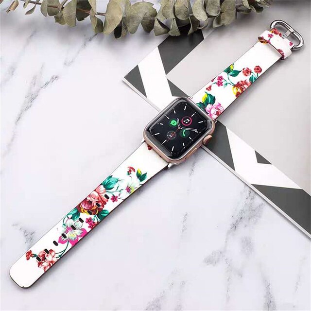 Skórzany pasek do zegarka z jabłkiem damski druk kwiatowy Iwatch 6 5 SE - Wianko - 2