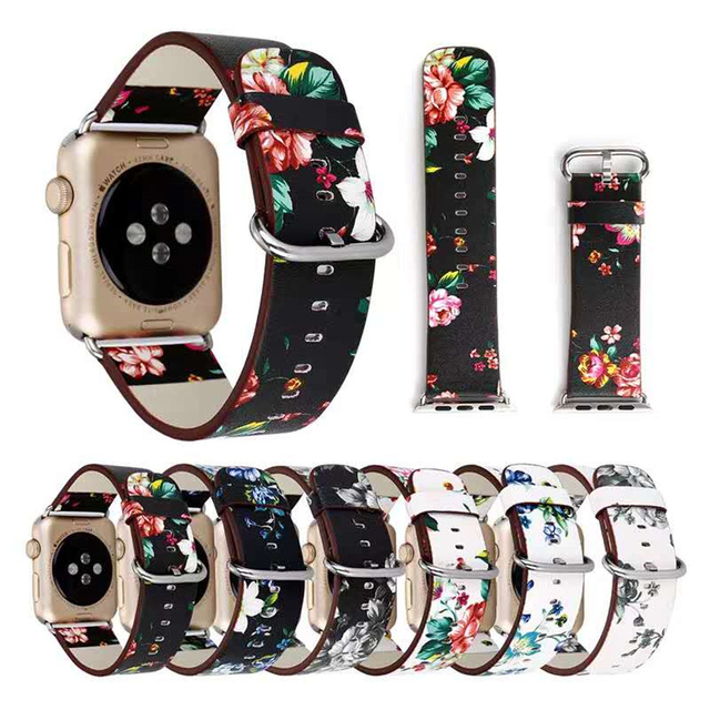 Skórzany pasek do zegarka z jabłkiem damski druk kwiatowy Iwatch 6 5 SE - Wianko - 1