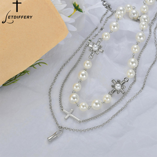 Luksusowy naszyjnik z wielowarstwowymi perłami i wisiorkiem w kształcie krzyża dla kobiet – biżuteria ślubna - Wianko - 4