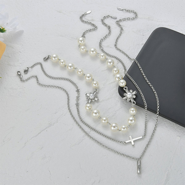 Luksusowy naszyjnik z wielowarstwowymi perłami i wisiorkiem w kształcie krzyża dla kobiet – biżuteria ślubna - Wianko - 5