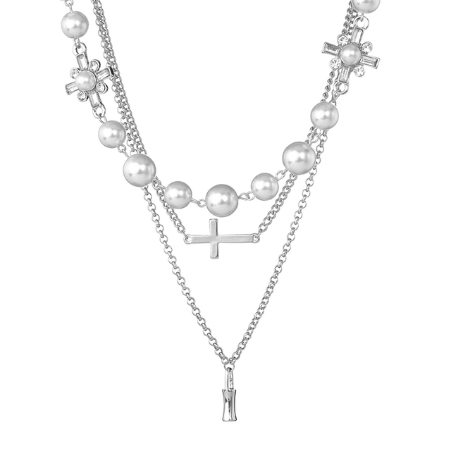 Luksusowy naszyjnik z wielowarstwowymi perłami i wisiorkiem w kształcie krzyża dla kobiet – biżuteria ślubna - Wianko - 8