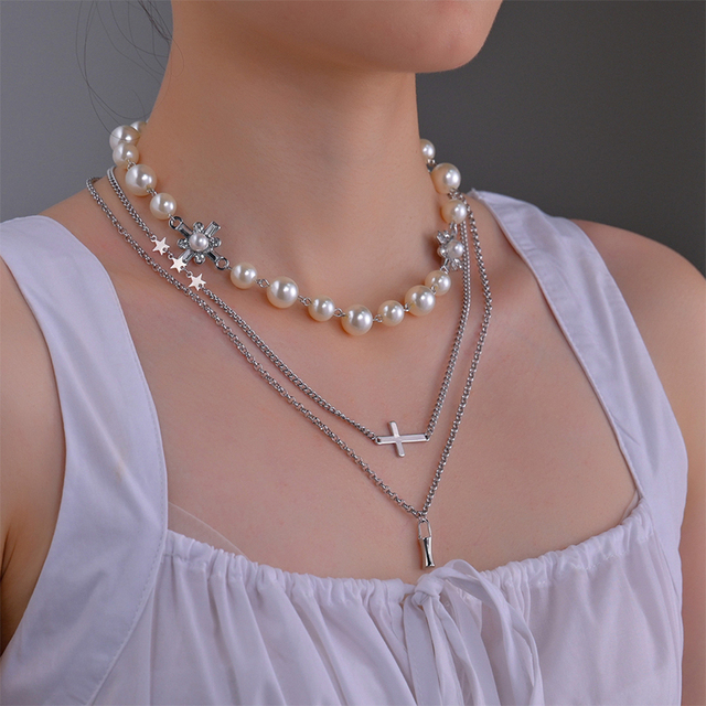 Luksusowy naszyjnik z wielowarstwowymi perłami i wisiorkiem w kształcie krzyża dla kobiet – biżuteria ślubna - Wianko - 7